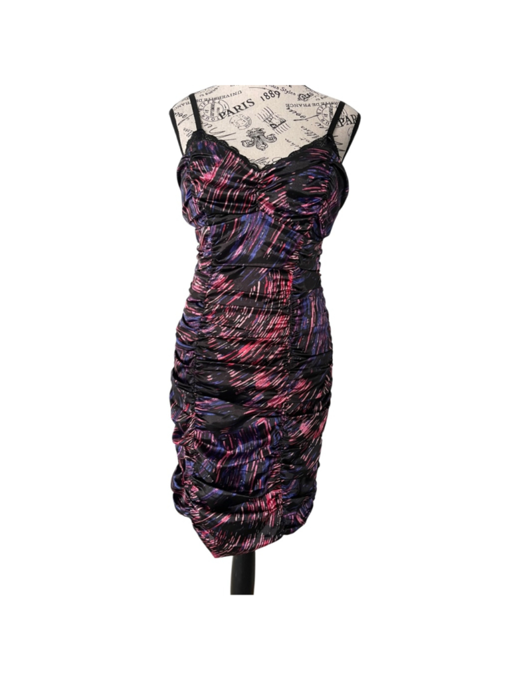 GUESS Los Angeles Ruched Bodycon Slip Dress Black Pink Blue Print Size 10